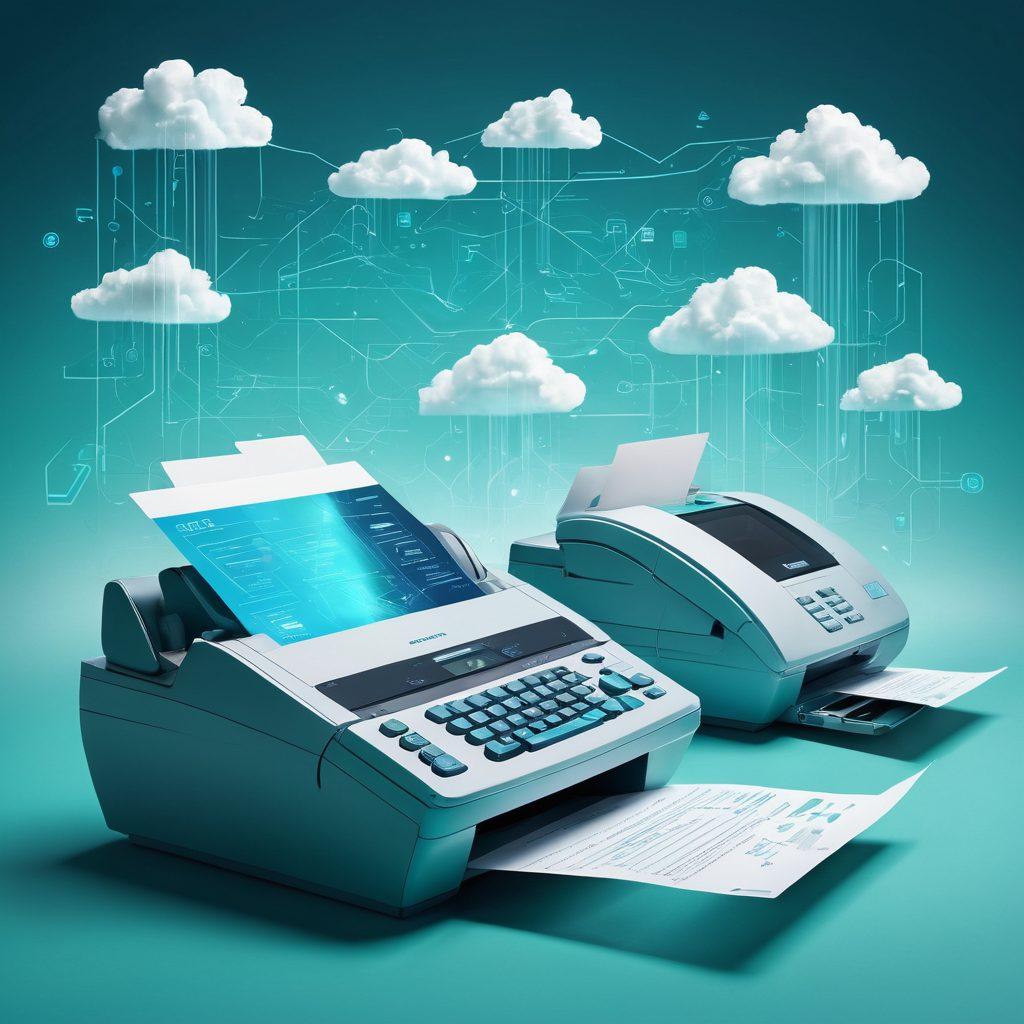 An abstract representation of communication technology evolving with digital fax machines transforming traditional paper images into sleek digital files. Integrate elements of cloud computing, interconnected devices, and a futuristic office setting, featuring subtle hints of digital signals and holograms. Use a palette of cool blues and greens to convey innovation. futuristic style. vibrant colors.