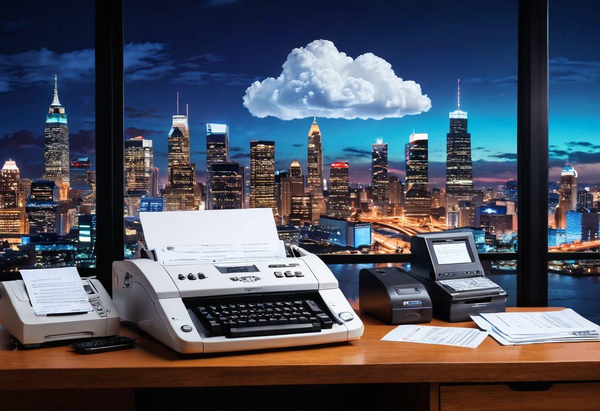 A futuristic office scene blending traditional and digital elements. On one side, an antique fax machine adorned with paper documents, and on the other, a sleek laptop displaying cloud faxing software with floating digital icons and data streams. The background shows a city skyline transitioning from old to modern architecture. Bright and contrasting colors to depict the evolution of technology. super-realistic. vibrant colors. 3D.