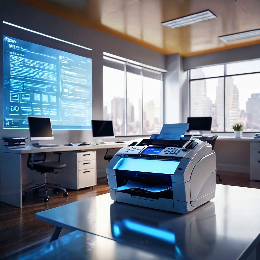 A sleek modern office environment featuring a futuristic fax machine with glowing screens, surrounded by digital paper flying into an electronic system. Bright light streaming through a window, and diverse professionals working seamlessly together. The atmosphere should convey speed, security, and innovation. super-realistic. vibrant colors. minimalistic background.